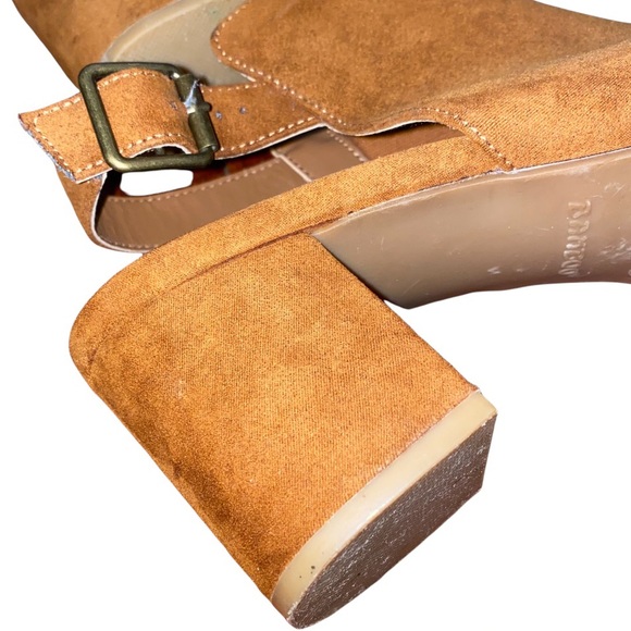 Bamboo Cognac Open Toe Back Faux Suede Vegan Bootie Block Heel Buckle Strap Boho - Picture 4 of 7